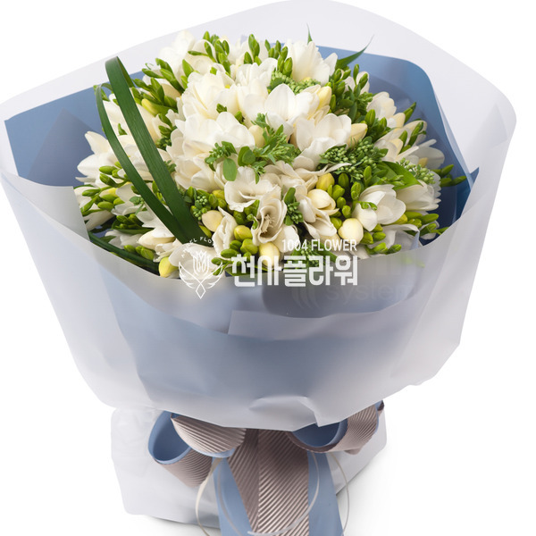 후리지아흰색노란색꽃다발